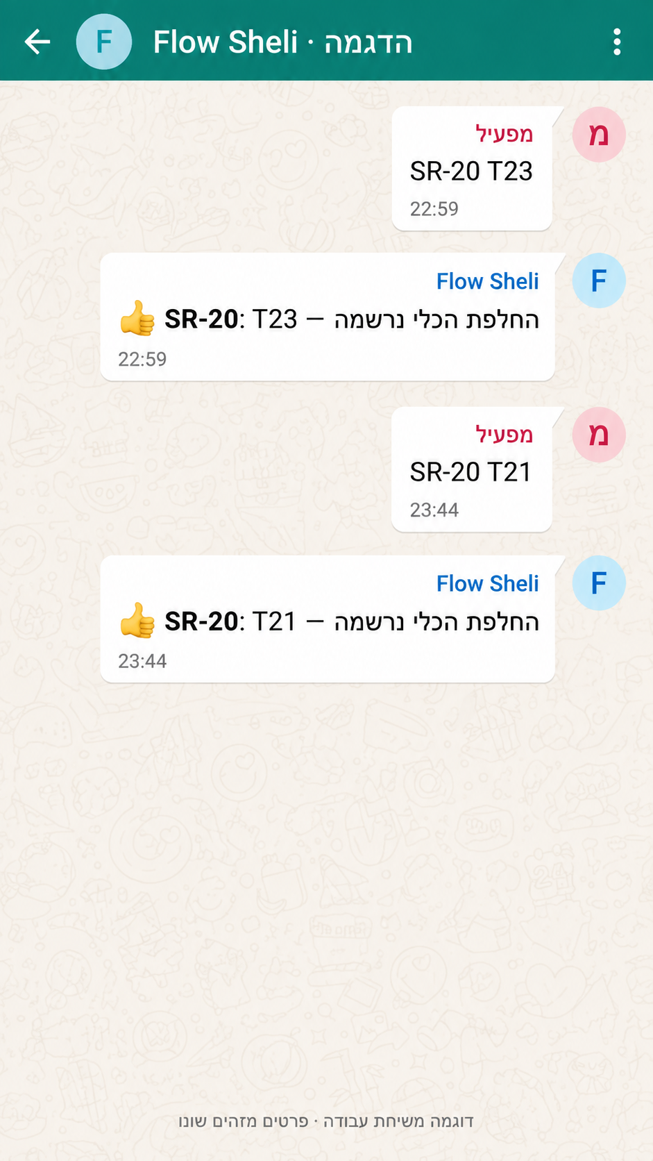 המפעיל מציין את הכלי, והבוט מאשר שההחלפה נרשמה